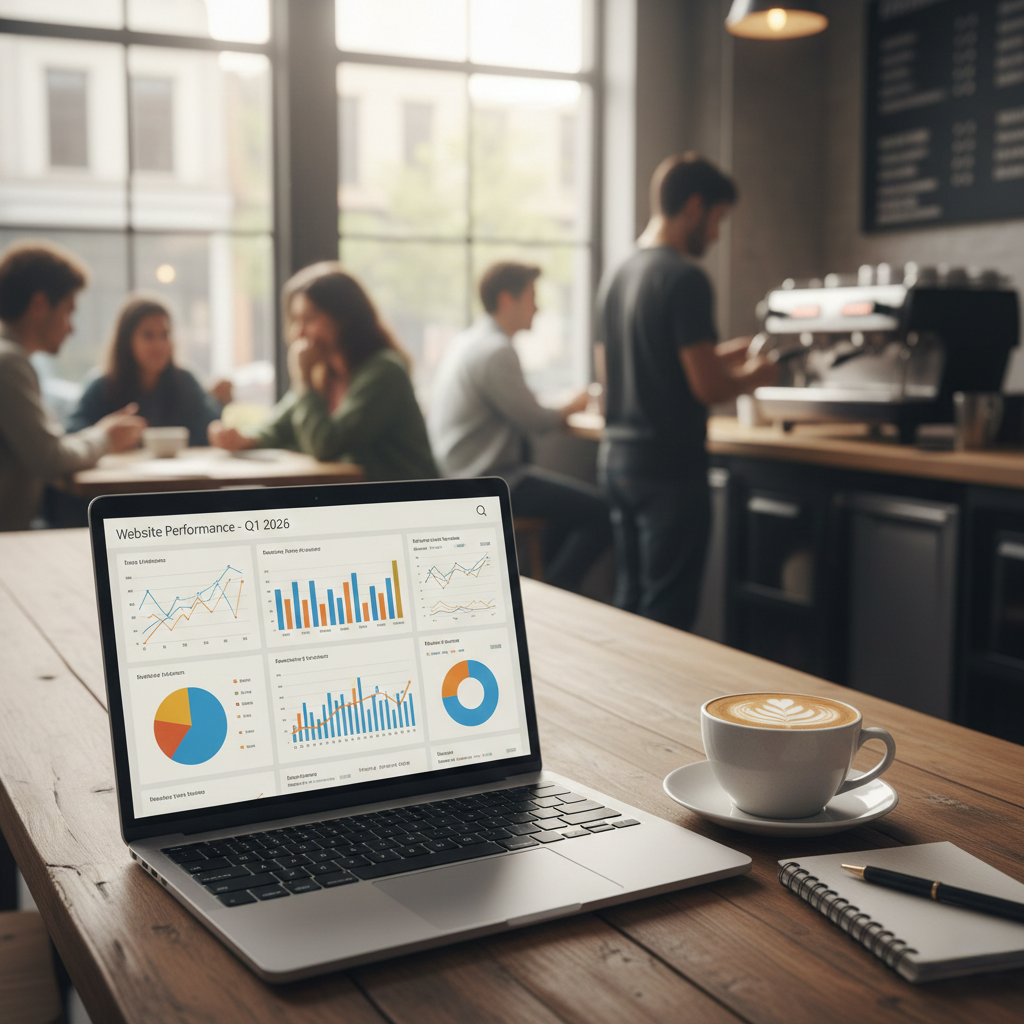 Coffee shop owner reviewing AI marketing analytics on a laptop beside a latte.