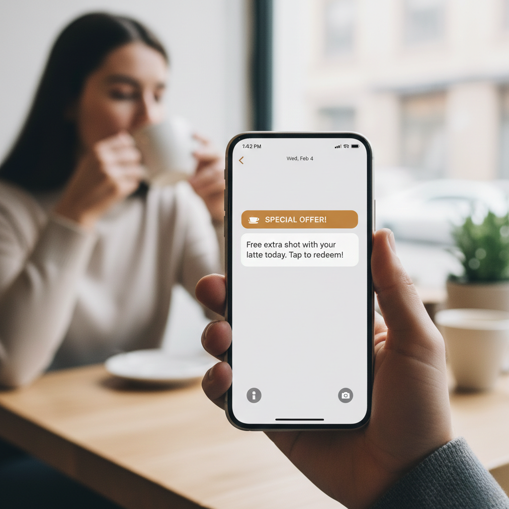 Customer in a coffee shop reading a personalized AI marketing offer on their phone.
